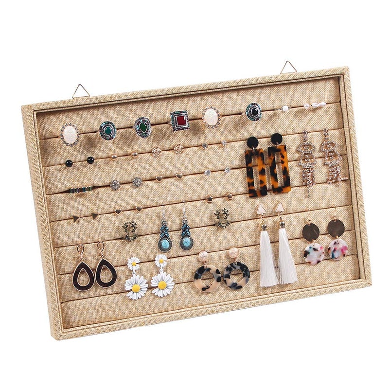 Coward Wall Mount Earring Holder Organizer,Ring Jewelry Tray for Drawer Stud Earring Storage Box(light yellow linen) - Image 1